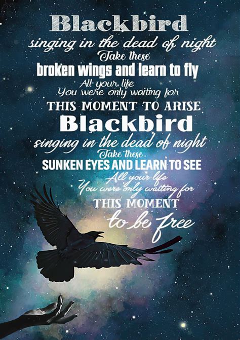 Sep 19, 2020 · Blackbird singing in the dead of night Take these broken wings and learn to fly. All your life You were only waiting for this moment to arise. The word “bird” here is also a British slang used for “girl” which would make “blackbird” become “black girl”. 